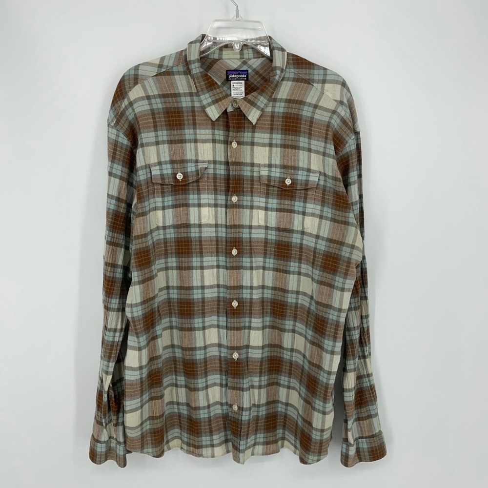 Patagonia 2XL XXL Men’s Flannel Button Down Shirt Brown Blue Thin Organic Cotton